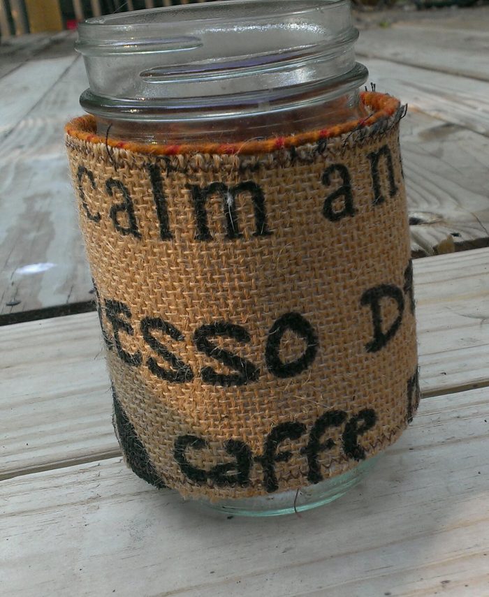 Burlap mason jar cozy. Don't look too close!